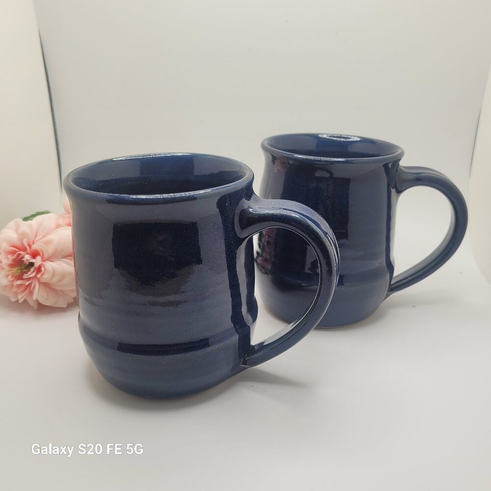 Vintage Ross Canadian Oversize Mugs Pottery Artisan Blue Glaze Set of 2